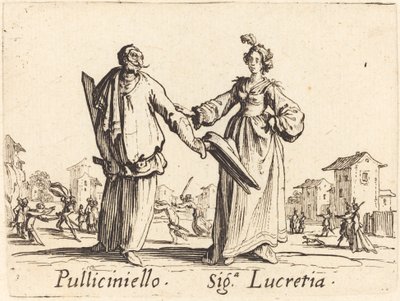 Pulliciniello en Siga. Lucretia door Jacques Callot
