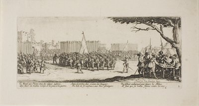 Werving van troepen, plaat twee uit De Ellende van de Oorlog door Jacques Callot