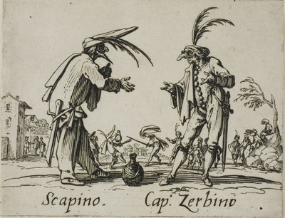 Scapino - Kapitein Zerbino, plaat 12 van Balli di Sfessania door Jacques Callot