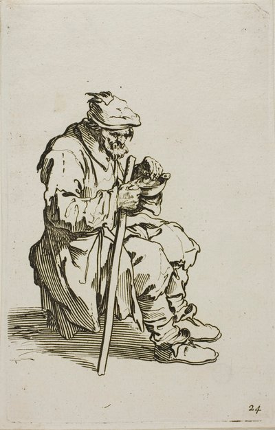 Zittende Bedelaar Eet, plaat 24 uit De Bedelaars door Jacques Callot
