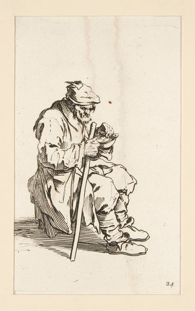 Zittende bedelaar, etend, uit De bedelaars door Jacques Callot
