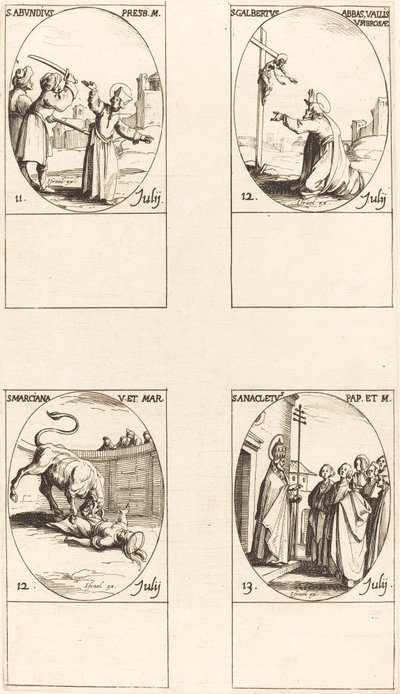St. Abundius; St. Galbertus; St. Marciana; St. Anacletus door Jacques Callot
