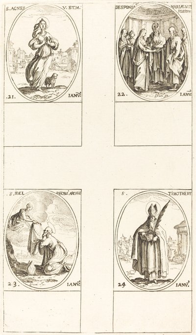 St. Agnes; Het huwelijk van de Maagd; St. Ildefonsus; St. Timoteüs door Jacques Callot