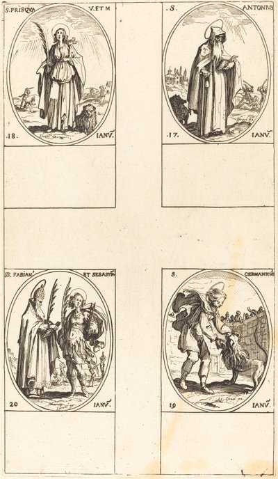 St. Antonius; St. Prisca; St. Germanicus; Sts. Fabianus en Sebastianus door Jacques Callot