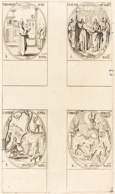 St. Benignus; Feest van Allerheiligen; Herdenking van de Doden; St. Hubertus door Jacques Callot