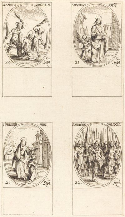 St. Canida; St. Matteüs; St. Ipigenia; St. Mauritius en metgezellen door Jacques Callot