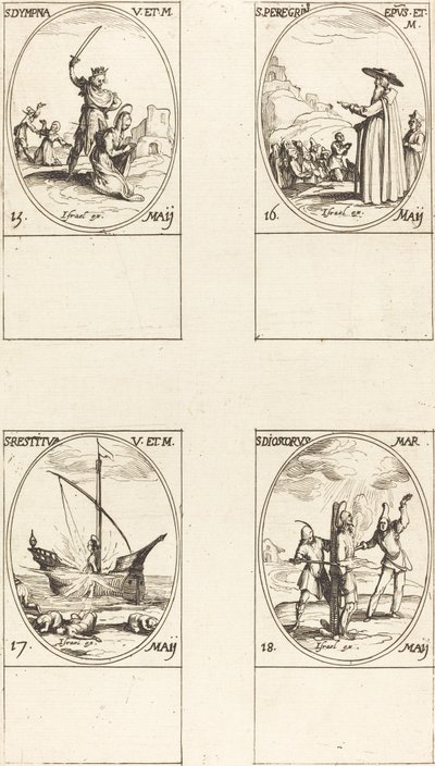 St. Dympna, St. Peregrinus, St. Restituta, St. Dioscorus door Jacques Callot