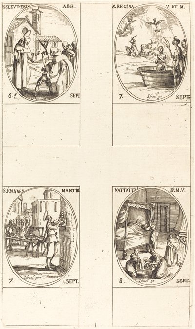 St. Eleutherius, Abt; St. Regina; St. Johannes; De Geboorte van de Maagd door Jacques Callot