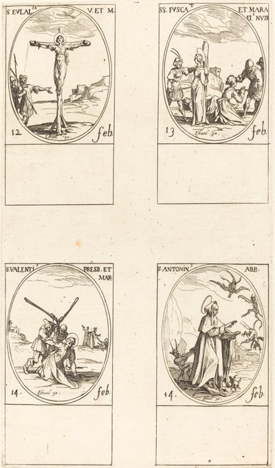 St. Eulalia; St. Fusca en Maura; St. Valentijn; St. Antonius door Jacques Callot