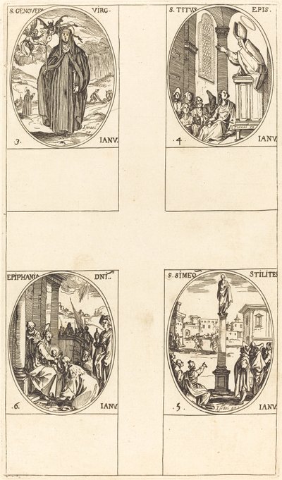 Sint Genoveva; Sint Titus; Sint Simeon Stylites; Driekoningen door Jacques Callot