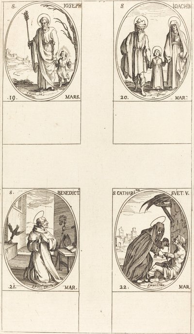 St. Joseph; St. Joachim; St. Benedictus, Abt; St. Catharina van Zweden door Jacques Callot