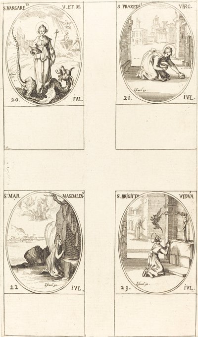 St. Margaretha van Antiochië; St. Praxedes; St. Maria Magdalena; St. Birgitta van Zweden door Jacques Callot
