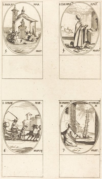 St. Phocas; St. Theophilus; St. Conon; Sts. Perpetua en Felicitas door Jacques Callot