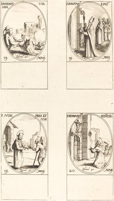 St. Potentiana; St. Dunstan; St. Yvo; St. Bernardinus van Siena door Jacques Callot