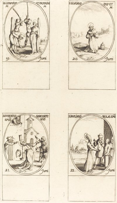 Heiligen Gervasius en Protasius; Heilige Silverius; Heilige Eusebius van Samosata; Heilige Paulinus van Nola door Jacques Callot