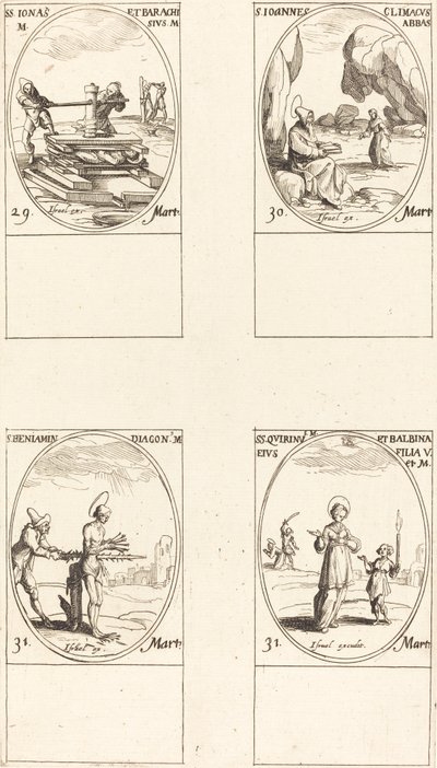 Heiligen Jonas & Barachisius; Sint Johannes Climacus, Abt; Sint Benjamin; Heiligen Quirinus & Bal door Jacques Callot