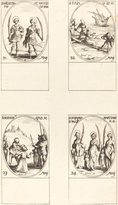 Heiligen Nicostratus en Anthiocus; Heilige Julia; Heilige Desiderius; Heiligen Susanna, Palladia, en... door Jacques Callot