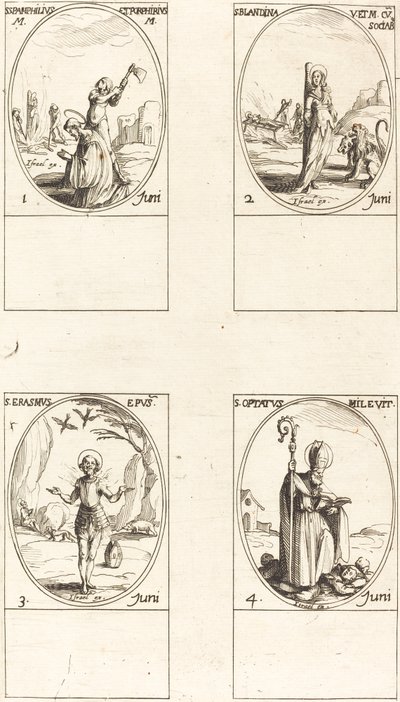 Heiligen Pamphilius en Porphyrius; Heilige Blandina en Metgezellen; Heilige Erasmus; Heilige Optatus door Jacques Callot