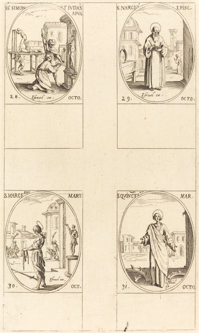 Heiligen Simon en Judas, apostelen; Heilige Narcissus; Heilige Marcellus; Heilige Quintin door Jacques Callot