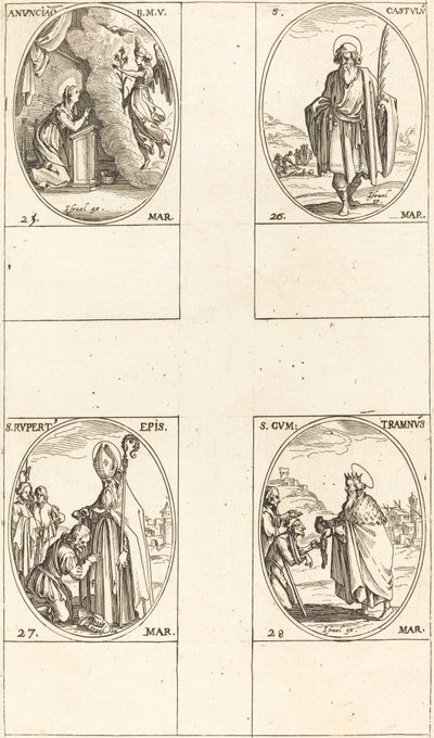 De Annunciatie, St. Castulus, St. Rupert, St. Gontran door Jacques Callot