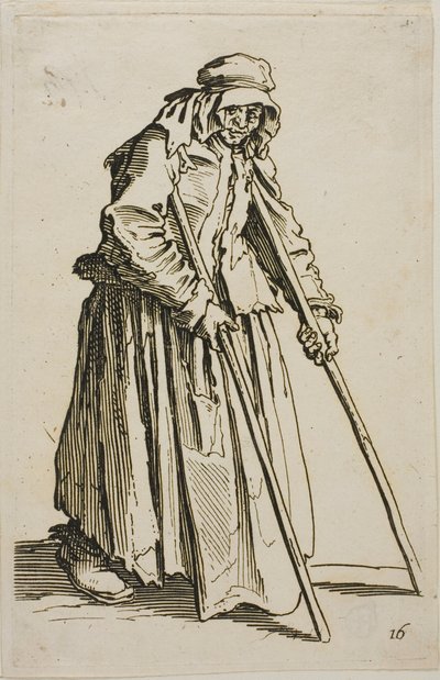 De bedelaar op krukken en zijn bedelaarsportemonnee, plaat tien uit De bedelaars door Jacques Callot