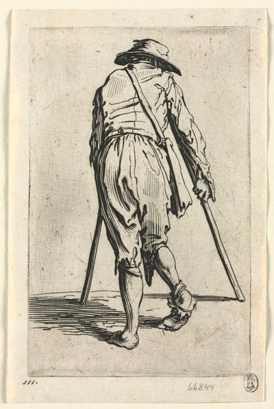 De bedelaars: Bedelaar op krukken, met een hoed door Jacques Callot