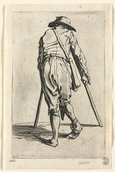 De bedelaars: Bedelaar op krukken, met een hoed, c. 1623 door Jacques Callot