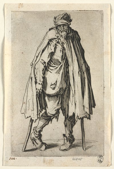 De bedelaars: Bedelaar op krukken met een tas door Jacques Callot