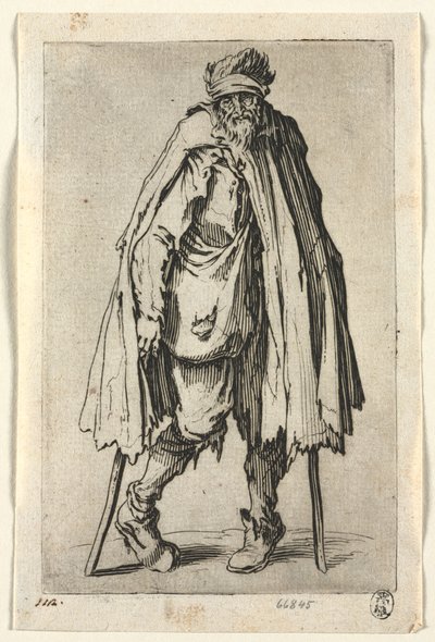 De Bedelaars: Bedelaar op Krukken met een Zak, c. 1623 door Jacques Callot