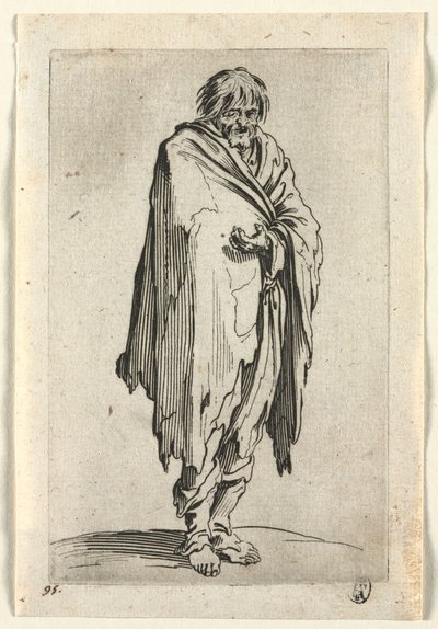 De bedelaars: bedelaar zonder hoed of schoenen, c. 1623 door Jacques Callot