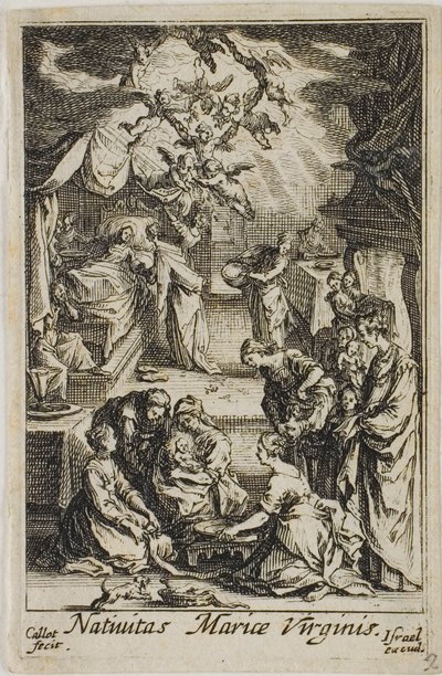 De geboorte van de Maagd Maria, uit Het leven van de Maagd door Jacques Callot