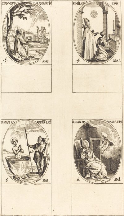 De bekering van Sint Augustinus; Sint Hilarius; Sint Jan voor de Latijnse poort; Sint Jan van Damascus door Jacques Callot
