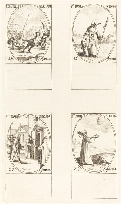 De Bekering van Saul; Sint Paulus; Sint Johannes Chrysostomus; Sint Cyrillus van Alexandrië door Jacques Callot