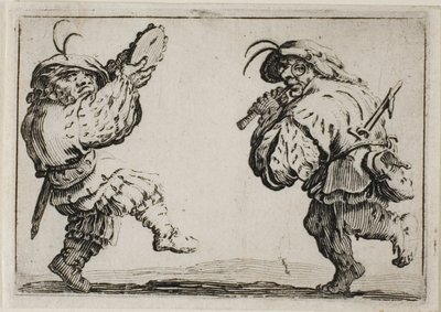 De dansers met een fluit en een tamboerijn, uit De Caprices door Jacques Callot