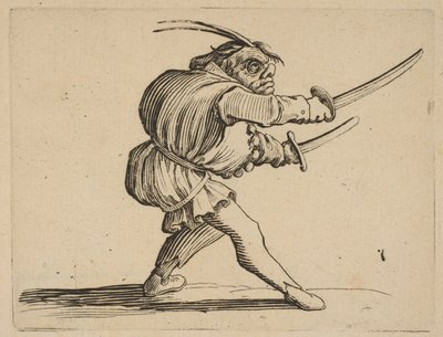 De duellist met twee sabels, uit Varie Figure Gobbi, ca. 1616-22 door Jacques Callot