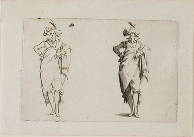De heer gezien van voren, met zijn rechterhand op zijn heup, uit De Caprices door Jacques Callot