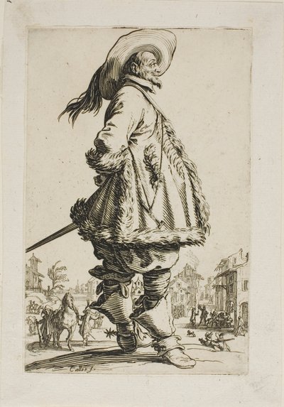 De Edelman in een Met Bont Afgewerkte Mantel, Zijn Handen Achter Zijn Rug Houdend, plaat zeven uit La Noblesse door Jacques Callot