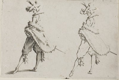 De heer met een jas, poserend met handen op de heupen, uit De Caprices door Jacques Callot