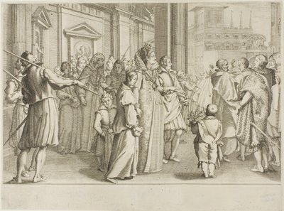 De Groothertogin Christine van Lotharingen begeleidt naar de kerk jongeren die zij onder haar bescherming neemt door Jacques Callot