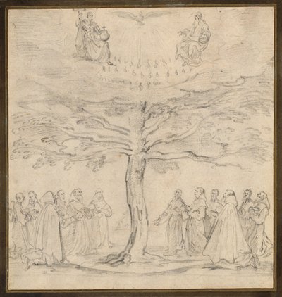 De Heilige Drie-eenheid in de boom des levens aanbeden door Franciscanen door Jacques Callot