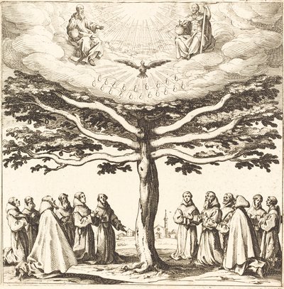 De Heilige Drie-eenheid in de Boom des Levens, aanbeden door Franciscanen door Jacques Callot