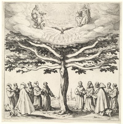 De Heilige Drie-eenheid in de Boom des Levens, Aanbeden door Franciscanen door Jacques Callot
