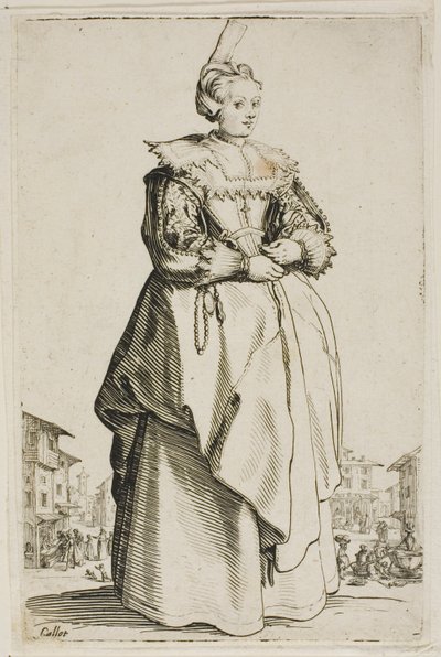 De Dame met de Kleine Opgeheven Kap, plaat één van La Noblesse door Jacques Callot