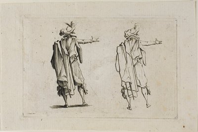 De man gezien vanaf de achterkant, rechterarm opgeheven, uit De Caprices door Jacques Callot