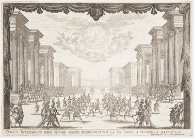 Derde intermezzo, de strijd wordt gestopt door de komst van de liefde met haar gevolg door Jacques Callot