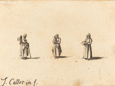 Drie vrouwen, een houdt een kind vast, waarschijnlijk 1634 door Jacques Callot