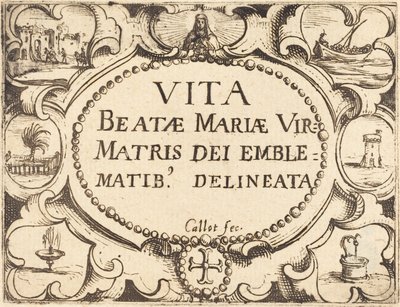 Titelpagina voor "Het leven van de Maagd in emblemen" door Jacques Callot