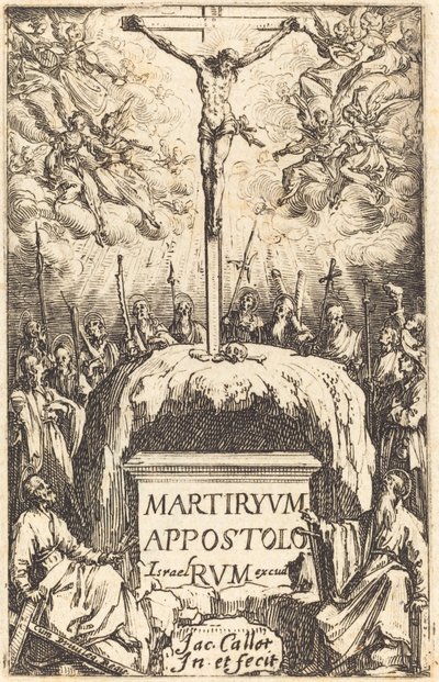 Titelpagina voor "De Martelaarschappen van de Apostelen" door Jacques Callot