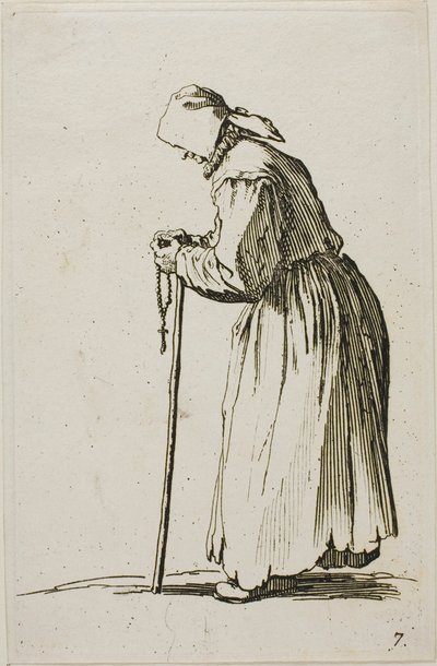 Vrouwelijke Bedelaar met een Rozenkrans, plaat zeven uit De Bedelaars door Jacques Callot