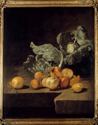 Stilleven, kool en uien door Jacques Charles Oudry